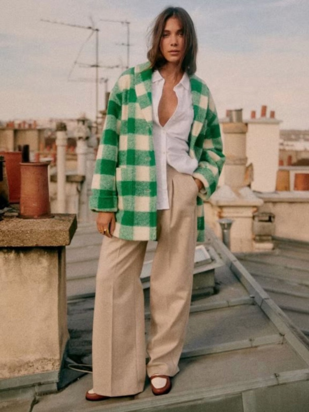 Sezane Charles Coat Ecru / Green Check - Size 4